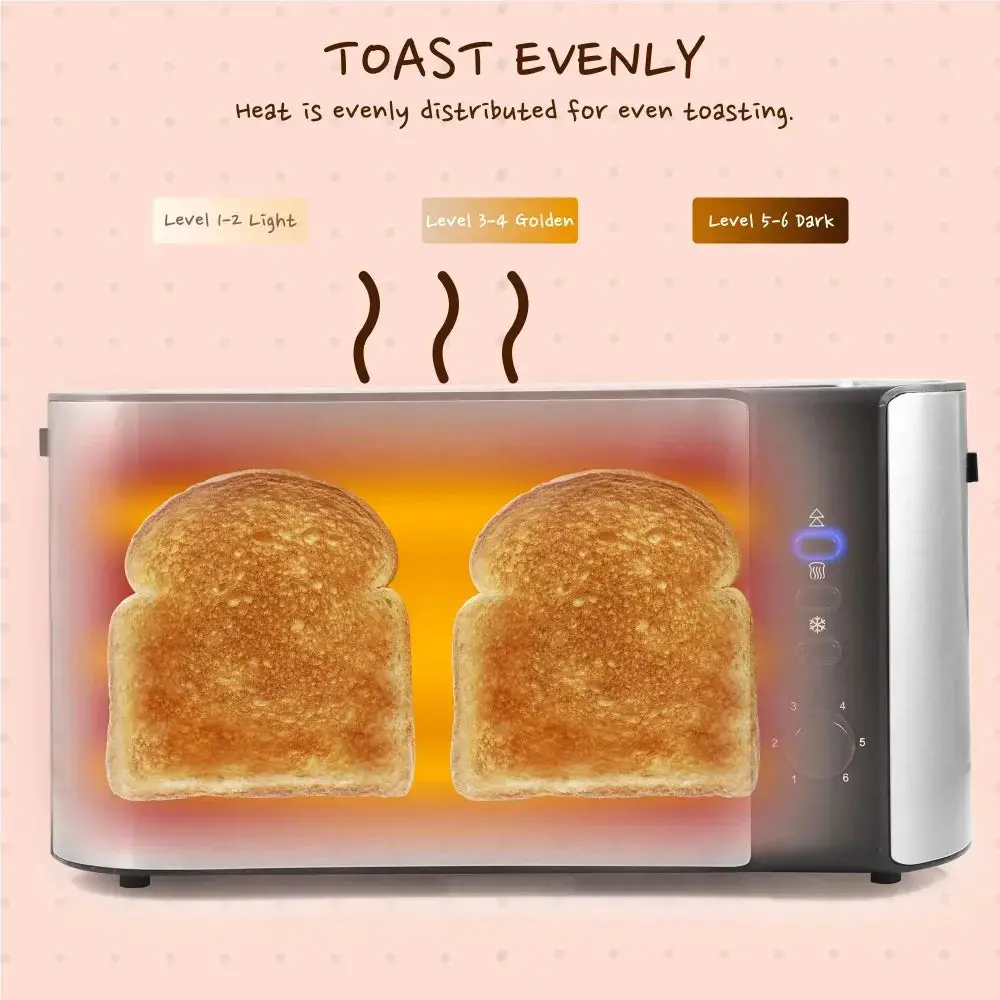 New Stainless Steel 4 Slice Long Slot Toaster, 6 Variable Toast Shade Settings as Well as Cancel, Defrost, and Reheat Functions