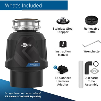 Power 0.75HP, 3/4 HP Garbage Disposal, Power Series EZ Connect Continuous Feed Food Waste Disposer, Black