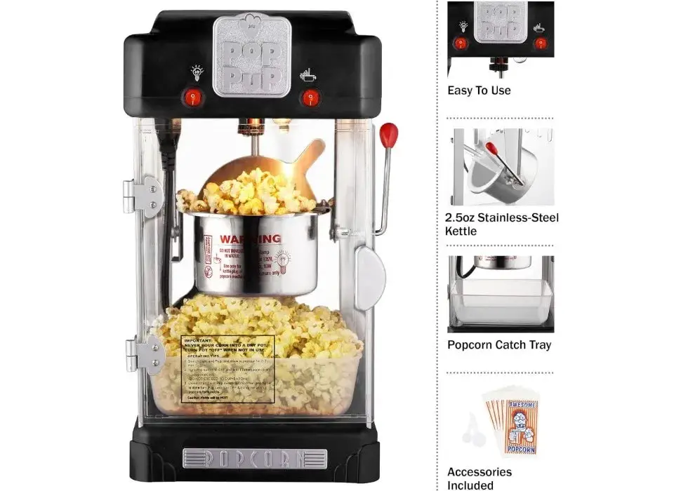 Countertop Popcorn Machine – 2.5oz Kettle with Measuring Spoon, Scoop, and 25 Serving Bags (Black)