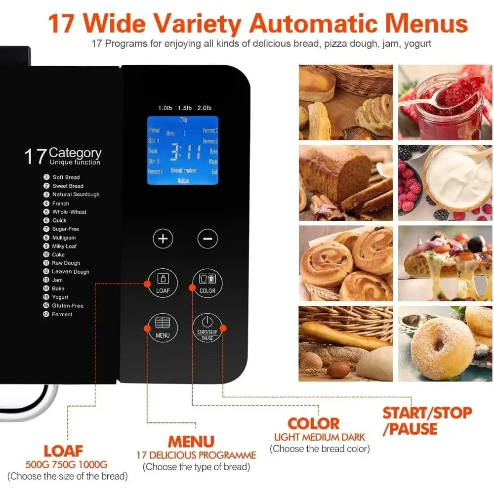 17-in-1 bread maker, 710W dual heater bread maker, 2LB stainless steel bread maker, with nut dispenser and ceramic pot