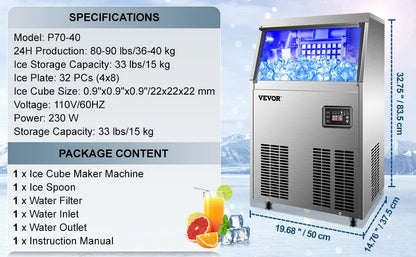 Commercial Ice Maker with 33LBS Bin, Stainless-Steel Construction, Automatic Operation, Include Water Filter, Connection Hose