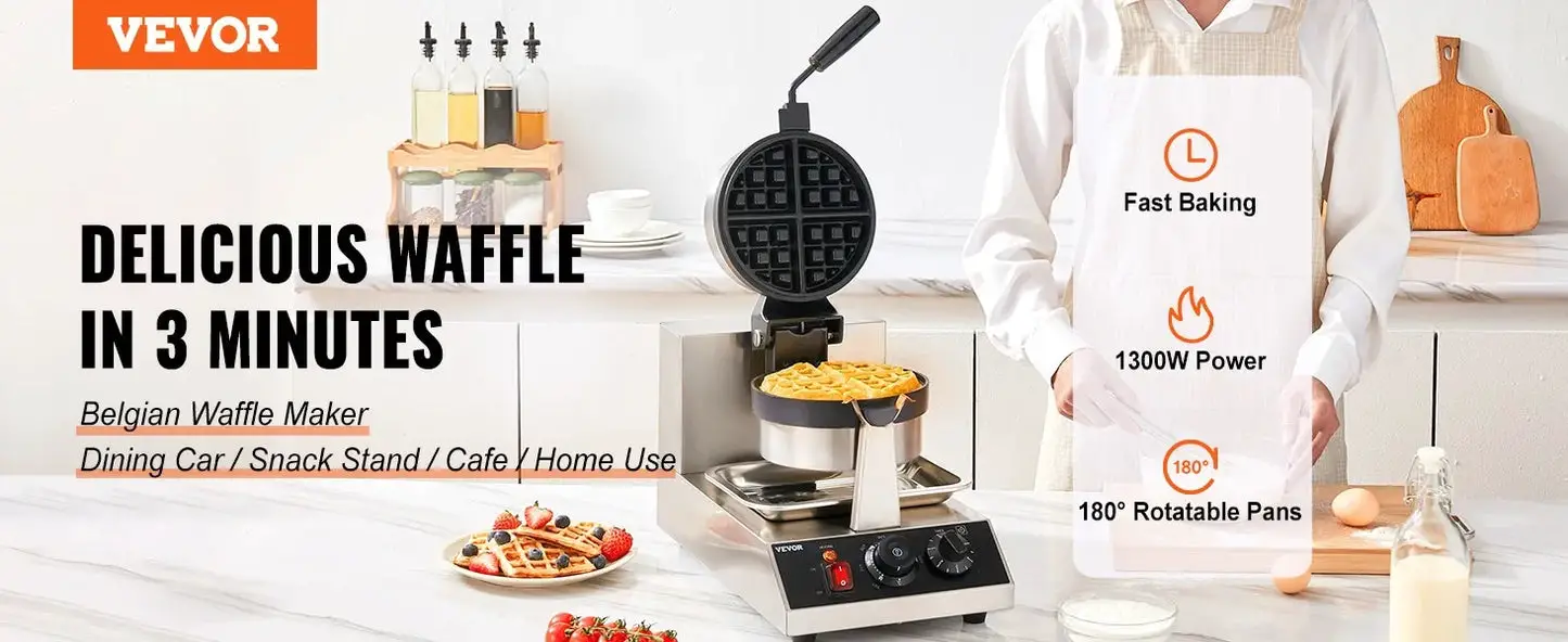 Commercial Waffle Maker, 1300W Round, Non-Stick Rotatable Waffle Baker Machine, Teflon-Coated Baking Pan Stainless Steel Body