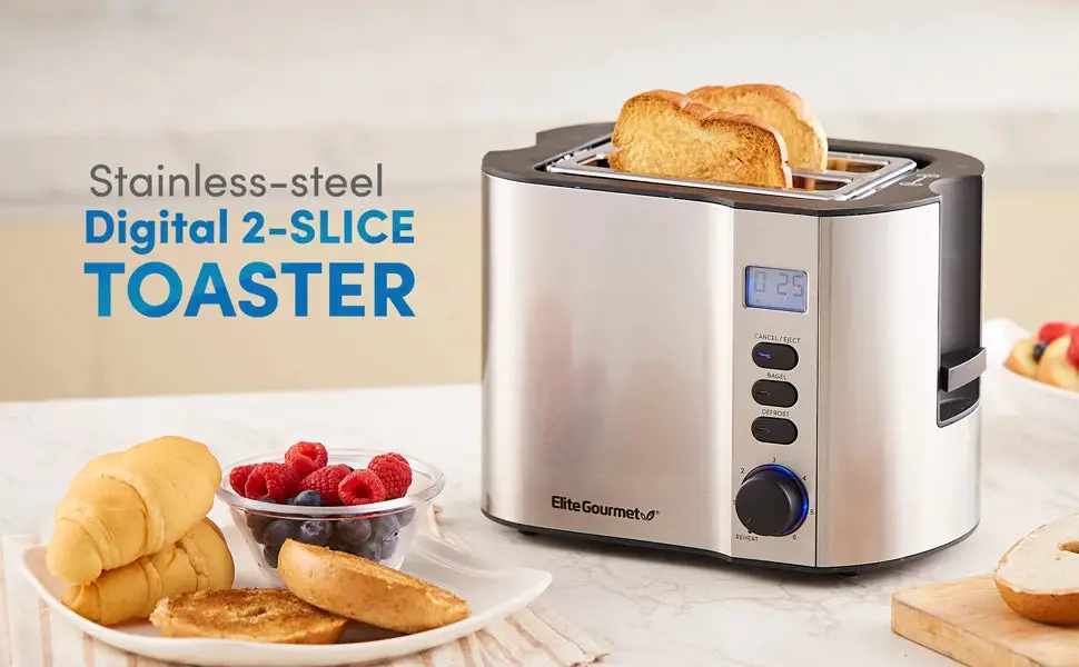 Extra Wide Slot 2-Slice Toaster, Bagel Function Reheat, Defrost, Cancel Functions, 6 Settings, Countdown Timer, Stainless Steel