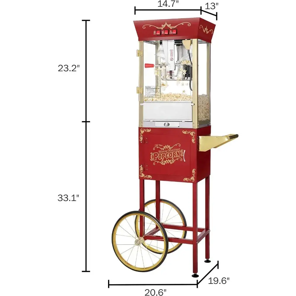 8 Ounce Antique Popcorn Machine and Cart, popcorn popper Red Movie style, With Stainless Steel and Tempered Glass Food Zones