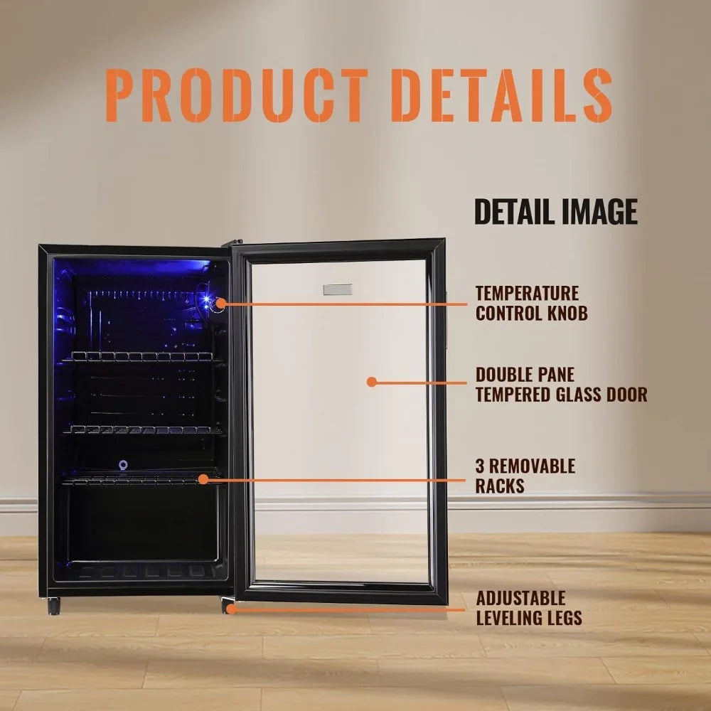 Mini Fridge Glass Door 120 Cans Beverage Refrigerator Small Wine Cooler Clear Front Drinks Fridge with 7 Thermostat LED Lights