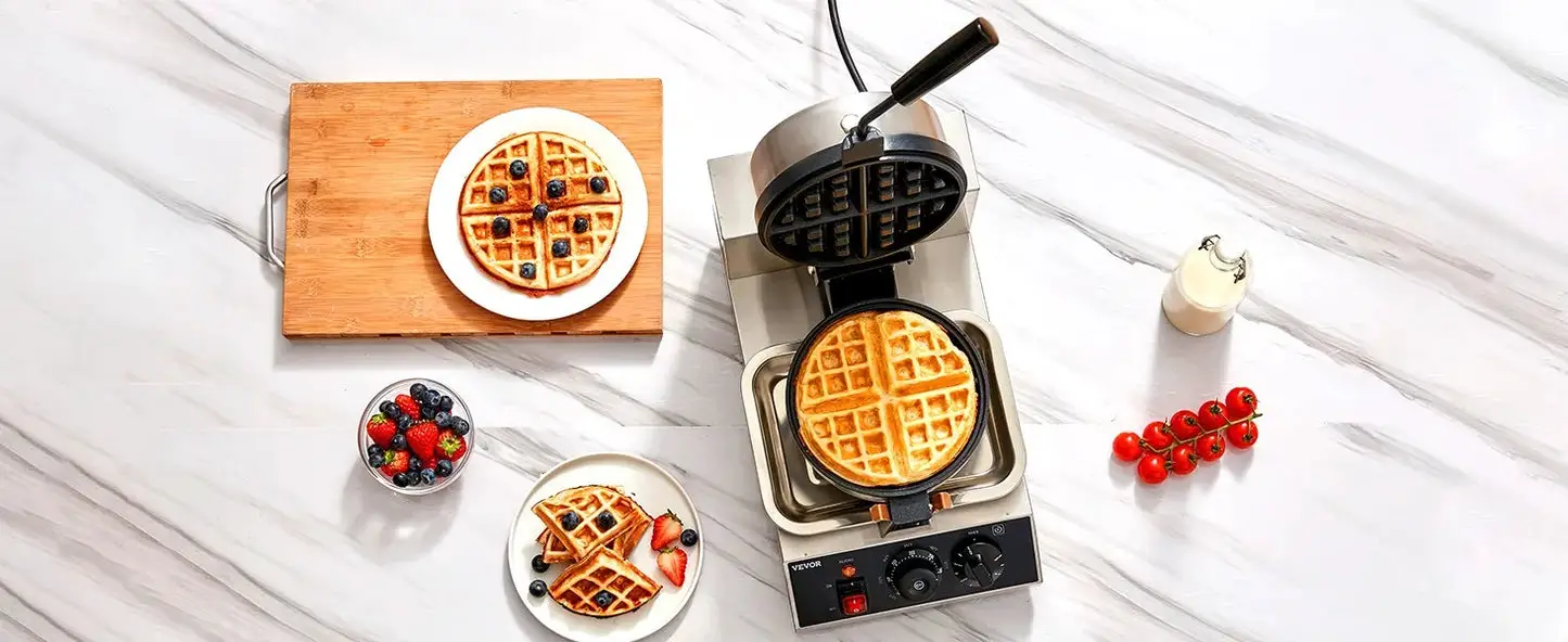 Commercial Waffle Maker, 1300W Round, Non-Stick Rotatable Waffle Baker Machine, Teflon-Coated Baking Pan Stainless Steel Body