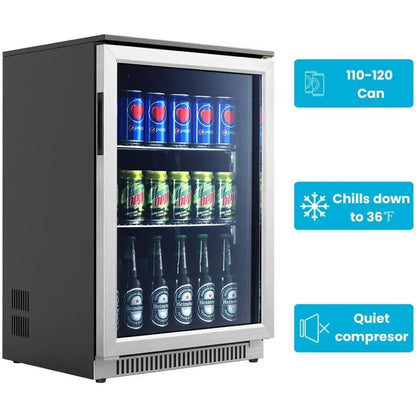 20 Inch Wide Built in Beverage Refrigerator with Clear Glass Front Door, 120 Can Under Counter Cabinet Soda Beer Drink Cooler