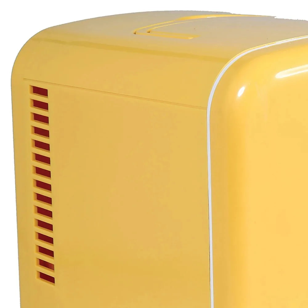 Przenośna retro mini lodówka na 6 puszek, wbudowany głośnik Bluetooth(R), termoelektryczny system chłodzenia i ogrzewania, żółta