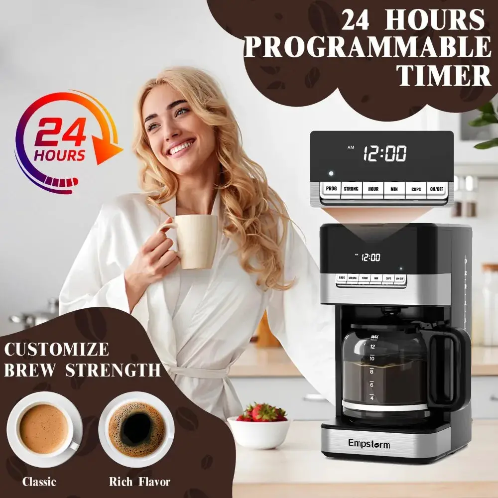 Programmable Drip Coffee Maker 4-12 Cup with Glass Carafe, 4-Hour Auto Shut Off & Keep Warm, Anti-Drip System, Strong Brew