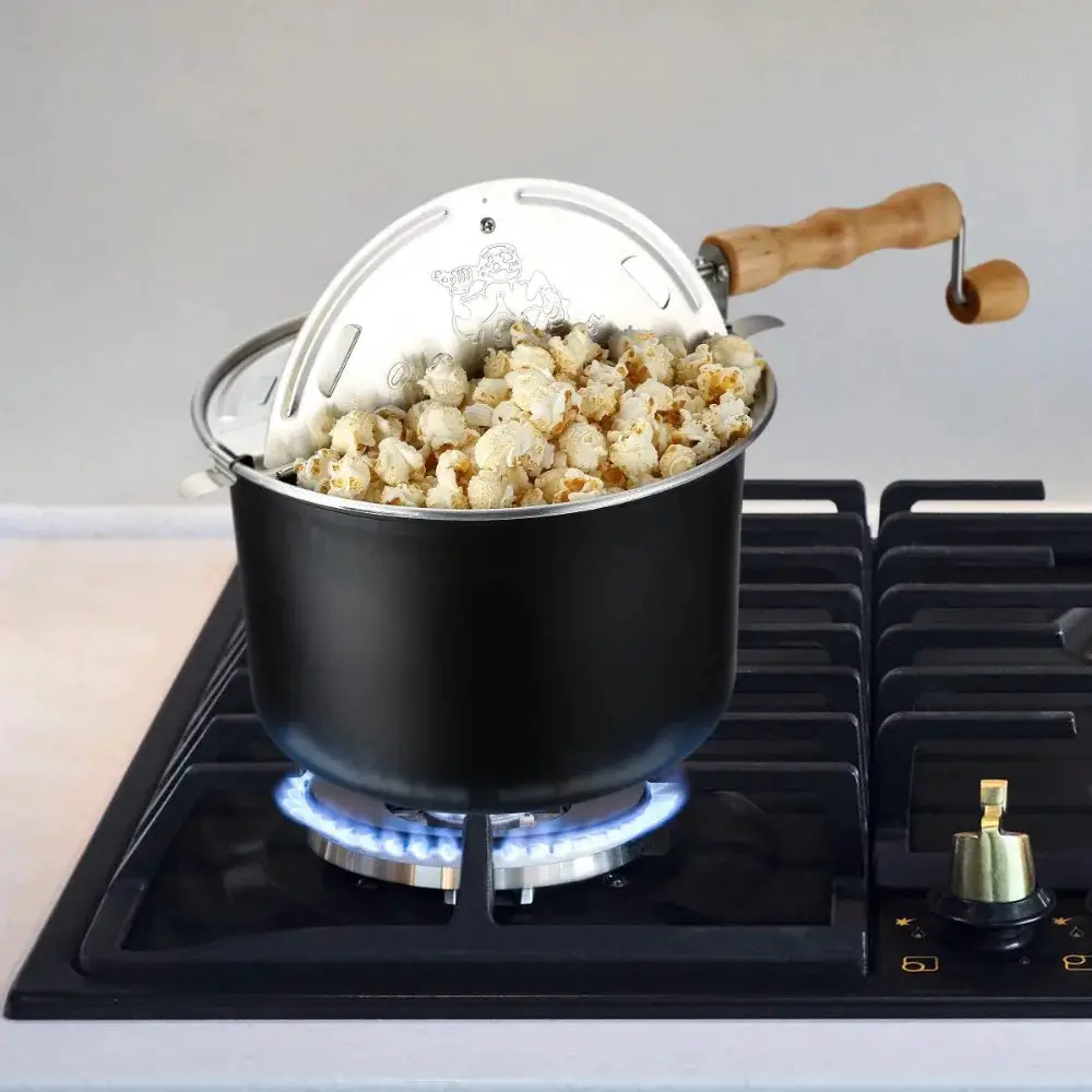 Stovetop Popcorn Maker – 6.5-Quart Popper Pan with Wooden Crank Handle and Internal Kernel Stirrer (Black)