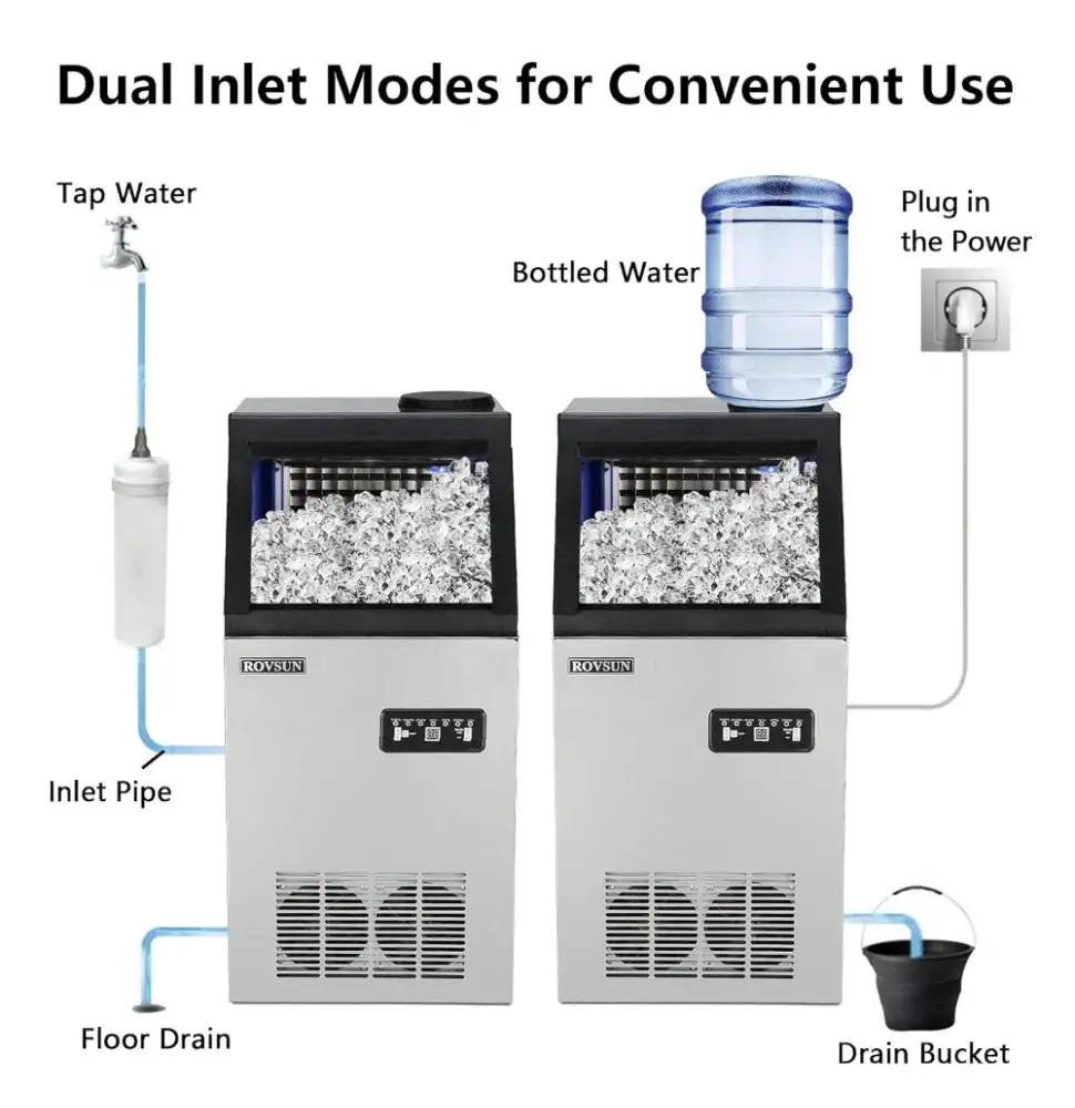 110LBS/24H Commercial Ice Maker Machine with 2 Water Inlets, Freestanding with 24lbs Storage Bin, Ice Scoop & Water Filter