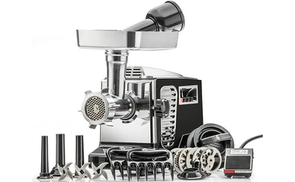 w/Foot Pedal Heavy Duty Electric Meat Grinder & Sausage Stuffer: 6 Grinding Plates, 3 S/S Blades, 3 Sausage Tubes, Kubbe - Black