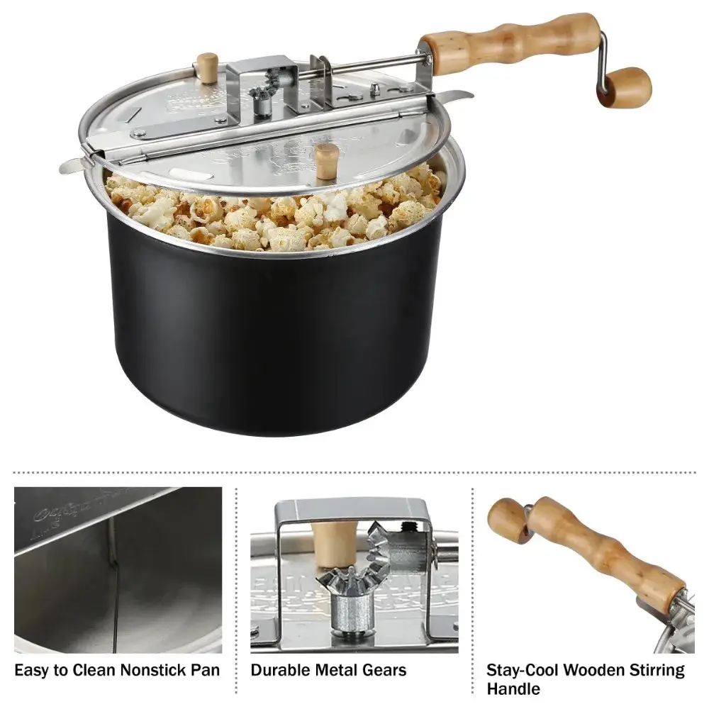 Stovetop Popcorn Maker – 6.5-Quart Popper Pan with Wooden Crank Handle and Internal Kernel Stirrer (Black)