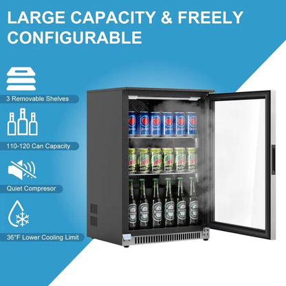 20 Inch Wide Built in Beverage Refrigerator with Clear Glass Front Door, 120 Can Under Counter Cabinet Soda Beer Drink Cooler