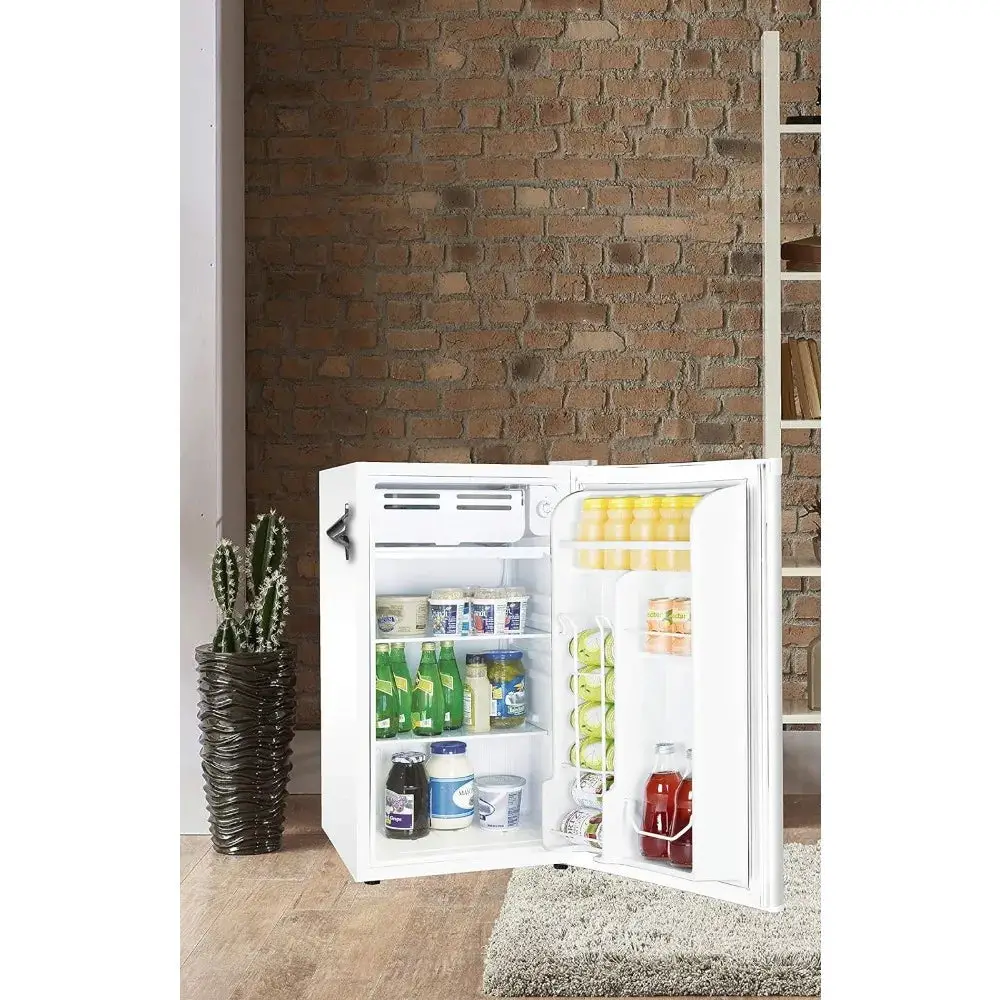 3.2 Cu Ft White Retro Bar Fridge, with Side Bottle Opener, Household Mini Refrigerator, Small Portable, Easy to Place