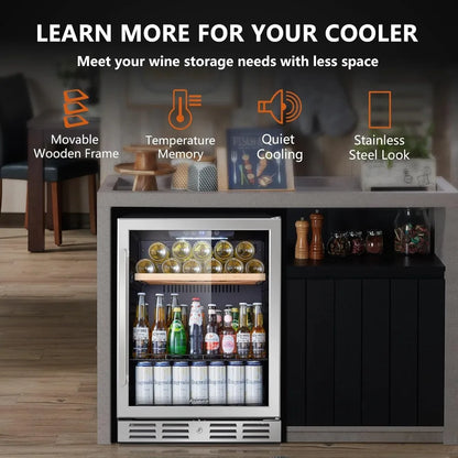 Mini Fridge 24” Beverage and Wine Cooler Built-in or Freestanding - 120 Cans Refrigerator Cooler, with White Interior Light