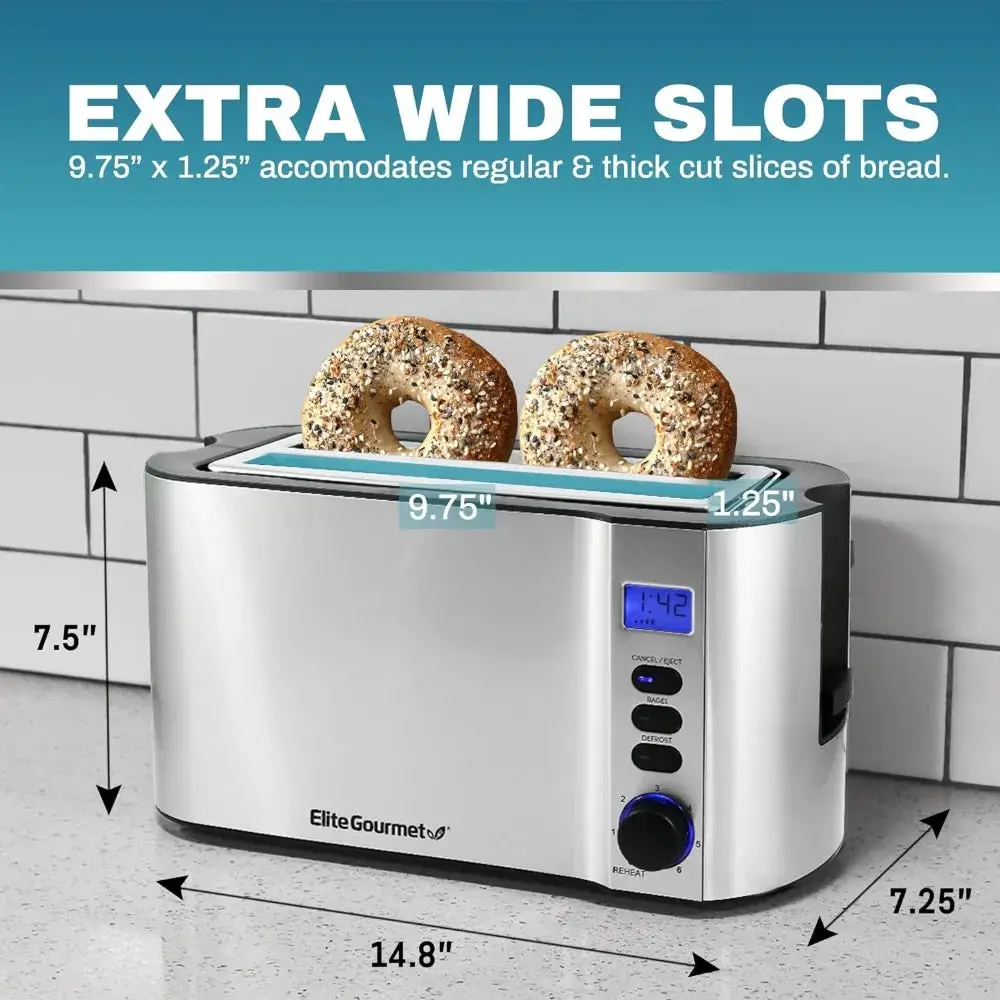 Long Slot 4 Slice Toaster, Countdown Timer, 6 Toast Setting, Defrost, Cancel Function, Built-in Warming Rack, Extra Wide Slots