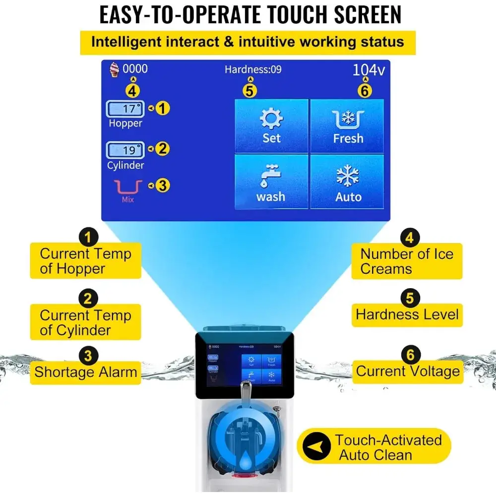 Commercial Ice Cream Maker, Countertop Soft Serve Machine with 4.5L Hopper 1.6L Cylinder Touch Screen Puffing Shortage Alarm