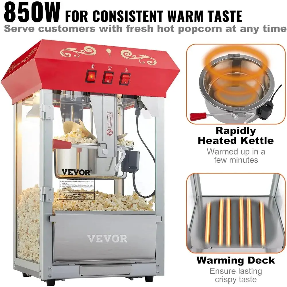 Commercial Popcorn Machine, 8 Oz Kettle, 850 W Countertop Popcorn Maker, with 3-Switch Control Steel Frame Tempered Glass Doors