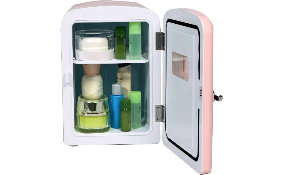 Różowa mini lodówka przenośna, pojemność 4 litry, chłodzi sześć puszek 12 uncji, w 100% wolna od freonu i przyjazna dla środowiska, chłodziarka do napojów