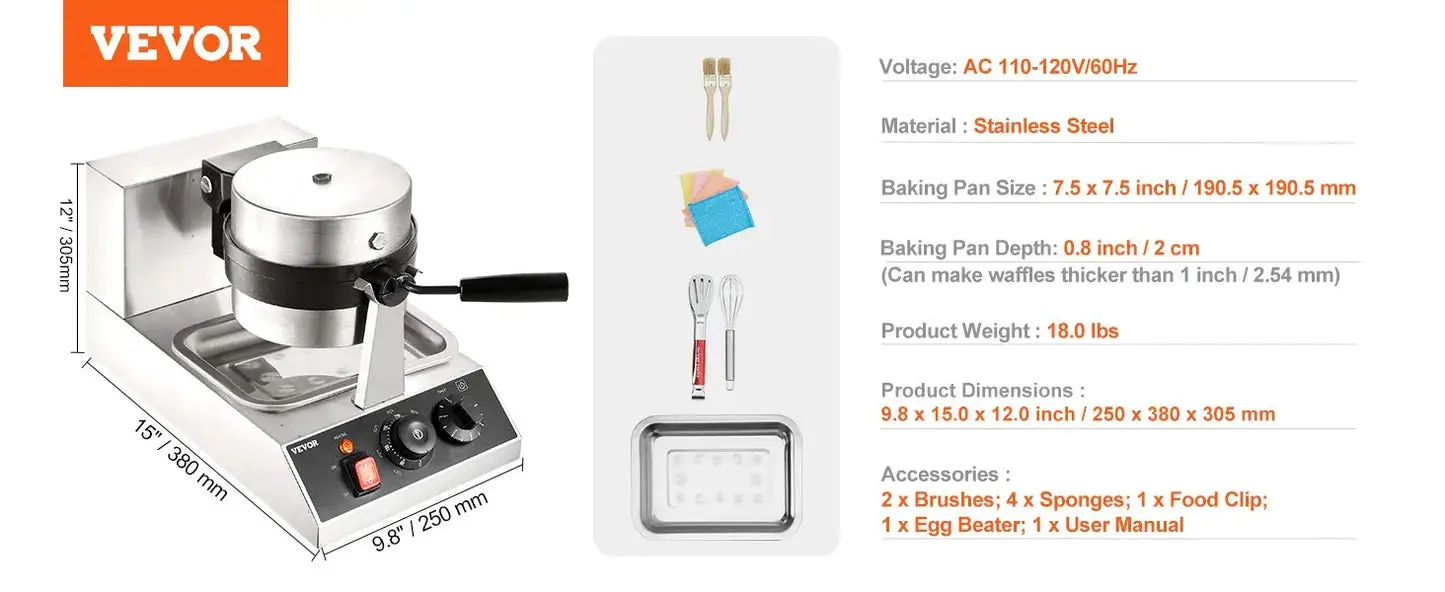 Commercial Waffle Maker, 1300W Round, Non-Stick Rotatable Waffle Baker Machine, Teflon-Coated Baking Pan Stainless Steel Body