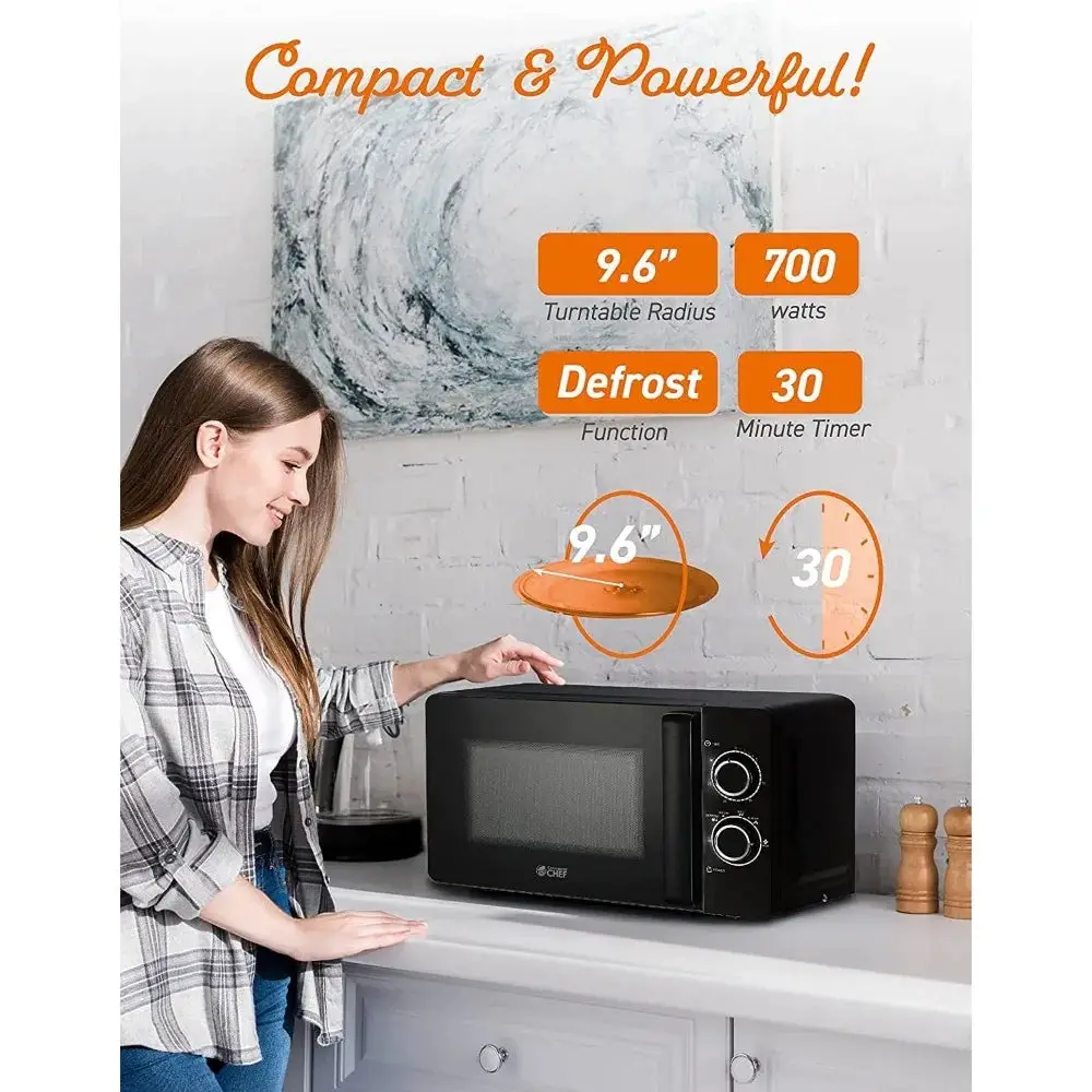 Black Microwave, with Rotary Switch Knob, 700W Countertop Small Microwave, with Microwave Turntable Plate, 6 Level Power