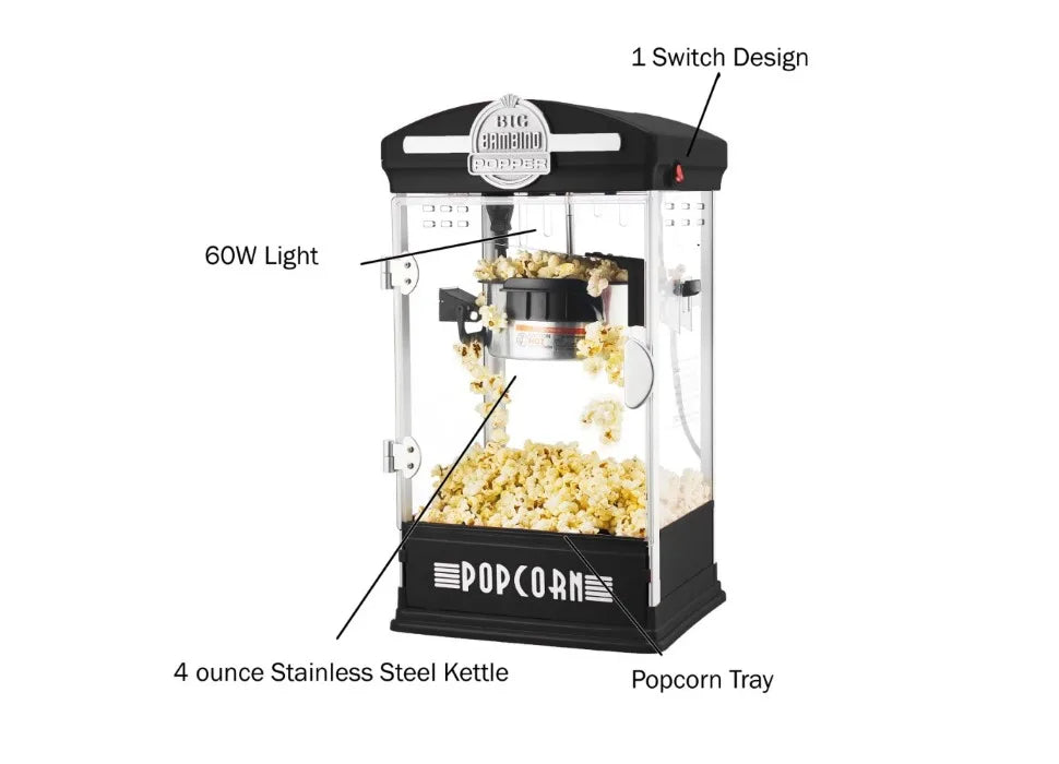 Retro Tabletop Popcorn Popper - 4-uncjowy czajnik ze stali nierdzewnej, miarki, torby i wyjmowana tacka (czarny)