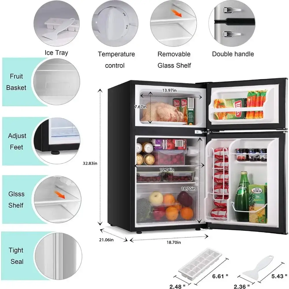 Mini refrigerator 3.2Cu Ft compact defrosting double door freezer for energy-saving storage of beverages, vegetables, and fruits