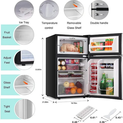 Mini refrigerator 3.2Cu Ft compact defrosting double door freezer for energy-saving storage of beverages, vegetables, and fruits