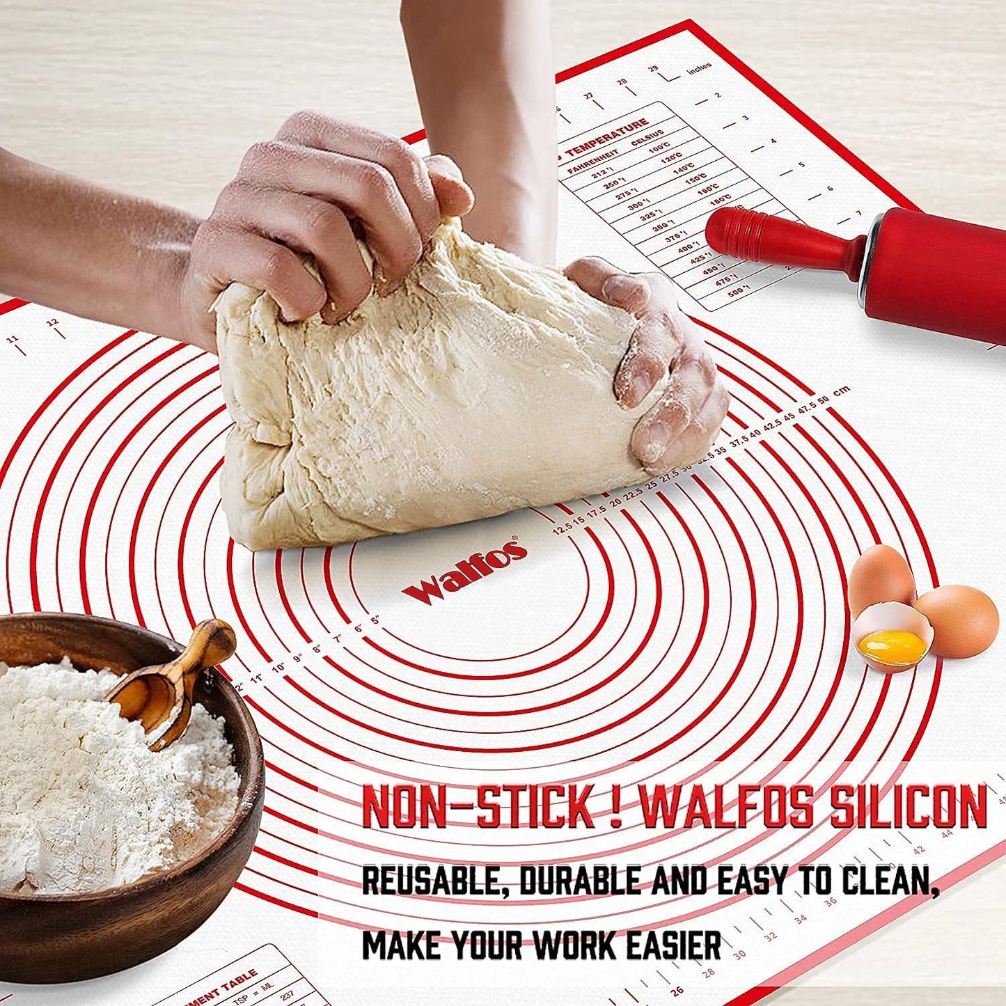 WALFOS Nonstick Kneading Mat with Measuring Silicone Baking Mat Pizza Cake Dough Mat Kitchen Cooking Tools Baking Pan Table Mat Walfos® Kitchenware