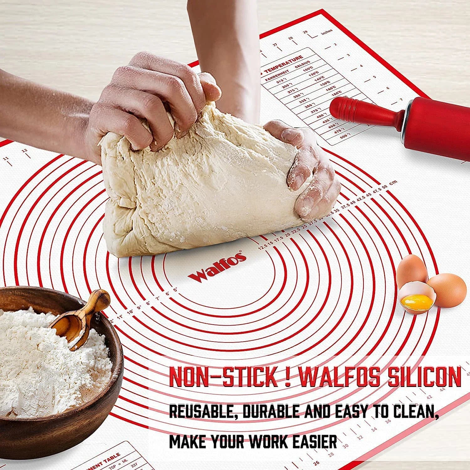 WALFOS Nonstick Kneading Mat with Measuring Silicone Baking Mat Pizza Cake Dough Mat Kitchen Cooking Tools Baking Pan Table Mat Walfos® Kitchenware