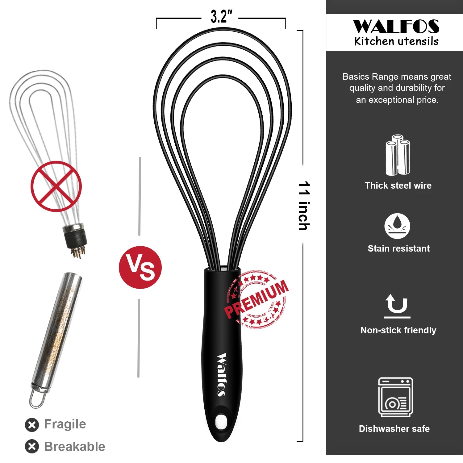 WALFOS Silicone Whisk Stainless Steel Wire Whisk Heat Resistant Kitchen Whisks for Non-Stick Cookware Balloon Egg Walfos® Kitchenware