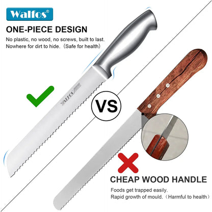 WALFOS Stainless Steel Serrated Bread Slice Knife Ultra-Sharp One-Piece Handle and 8-Inch Blade, Ideal for Slicing Bread, Bagels Walfos® Kitchenware