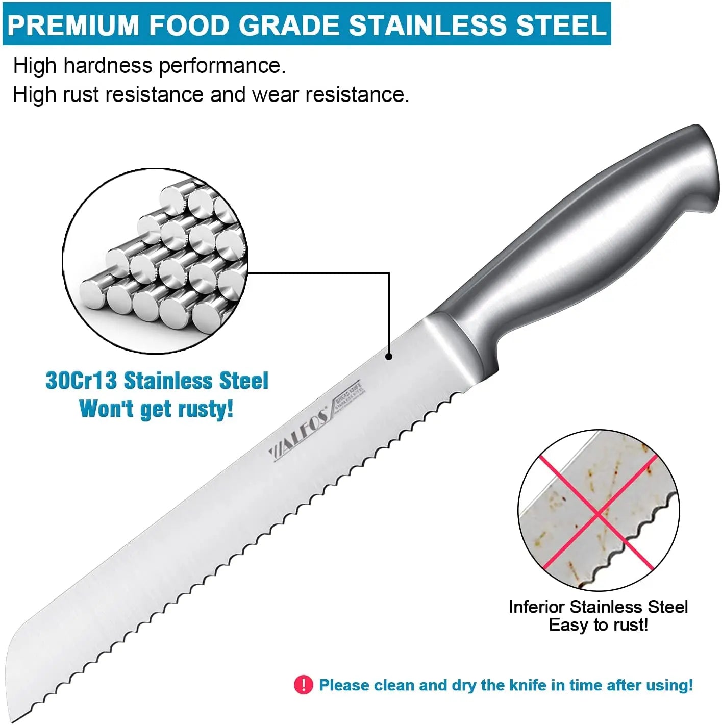 WALFOS Stainless Steel Serrated Bread Slice Knife Ultra-Sharp One-Piece Handle and 8-Inch Blade, Ideal for Slicing Bread, Bagels Walfos® Kitchenware