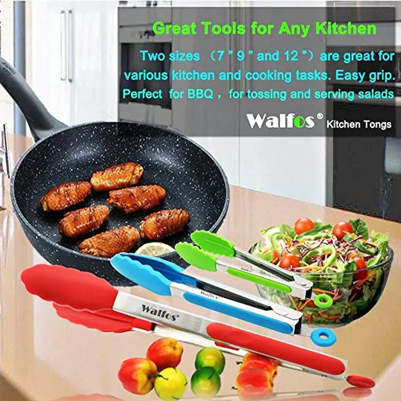 WALFOS Stainless Steel Silicone Kitchen Tongs BBQ Clip Salad Bread Cooking Food Serving Tongs Kitchen Tools Walfos® Kitchenware