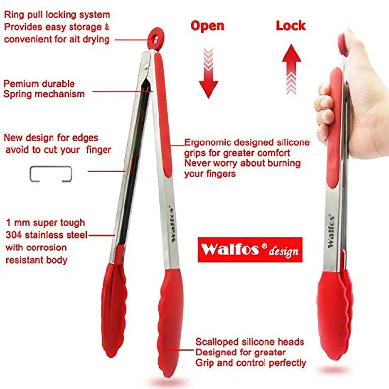 WALFOS Stainless Steel Silicone Kitchen Tongs BBQ Clip Salad Bread Cooking Food Serving Tongs Kitchen Tools Walfos® Kitchenware