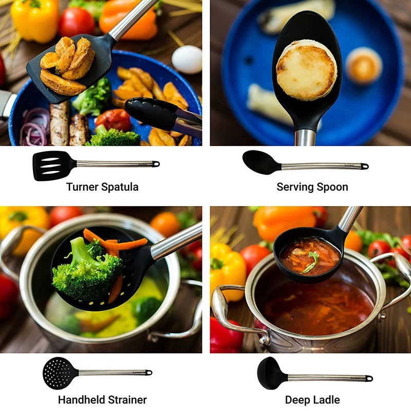 WALFOS 100% FOOD GRADE Silicone Cooking Spoon Soup Ladle-Egg Spatula Turner Kitchen Tools Stainless Steel Cooking Utensil Set - Walfos® Kitchenware