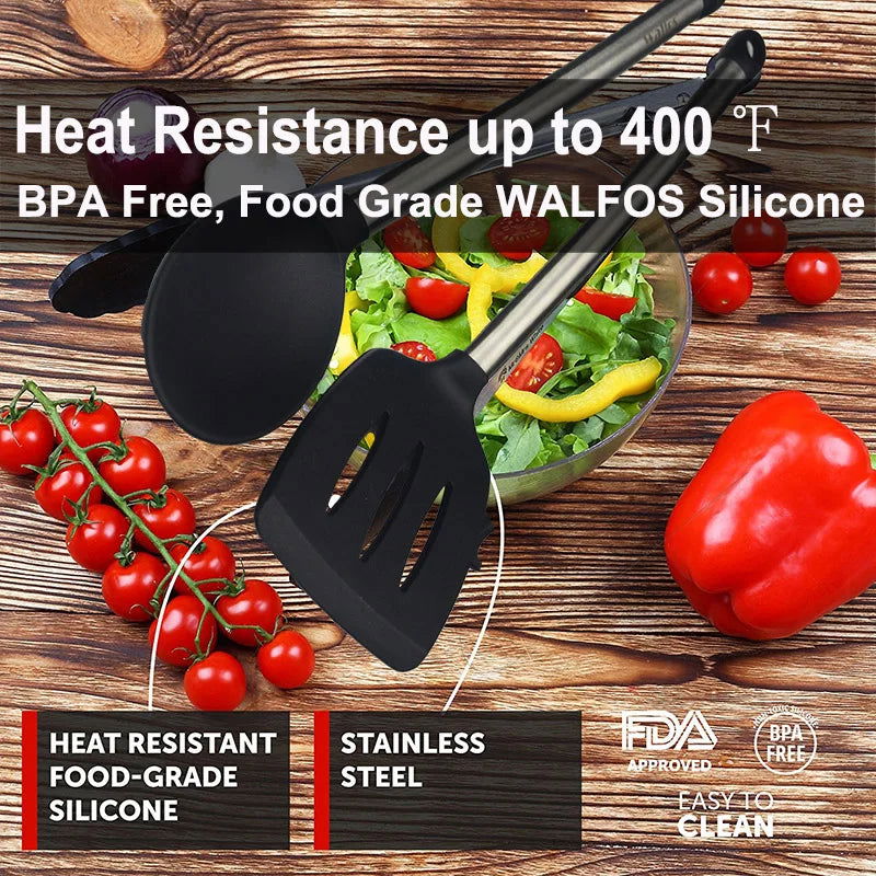 WALFOS 100% FOOD GRADE Silicone Cooking Spoon Soup Ladle-Egg Spatula Turner Kitchen Tools Stainless Steel Cooking Utensil Set - Walfos® Kitchenware