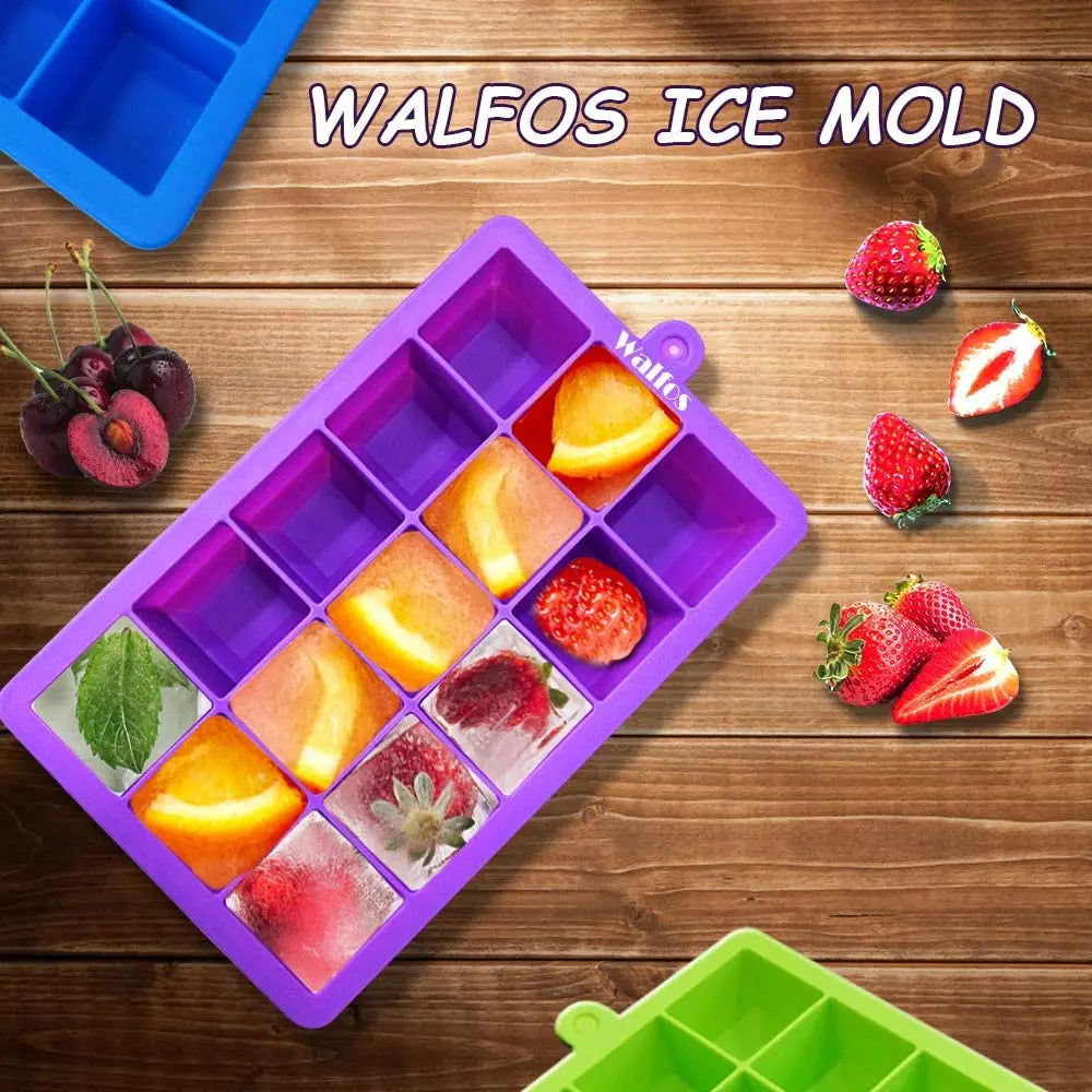 WALFOS 100% Food Grade Silicone 1 PC Novelty 15 Square Soft Silicone Ice Cube Tray Ice Maker Jelly Pudding Mould ice Mold - Walfos® Kitchenware