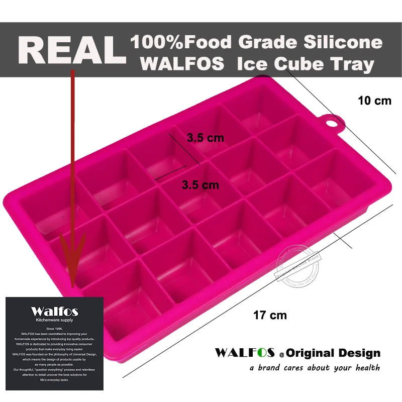 WALFOS 100% Food Grade Silicone 1 PC Novelty 15 Square Soft Silicone Ice Cube Tray Ice Maker Jelly Pudding Mould ice Mold - Walfos® Kitchenware