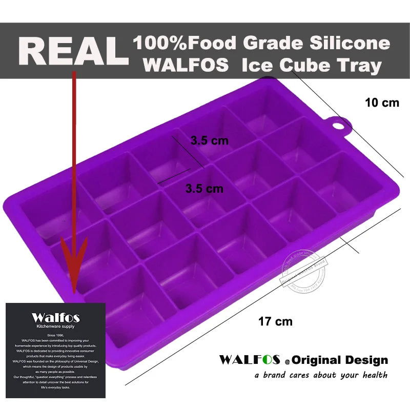 WALFOS 100% Food Grade Silicone 1 PC Novelty 15 Square Soft Silicone Ice Cube Tray Ice Maker Jelly Pudding Mould ice Mold - Walfos® Kitchenware