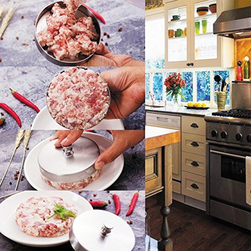 WALFOS 1 pc 9.5cm Round Shape Hamburger Press Stainless Steel Pork Beef Meat Pie Burger Making Mold Kitchen Tools - Walfos® Kitchenware