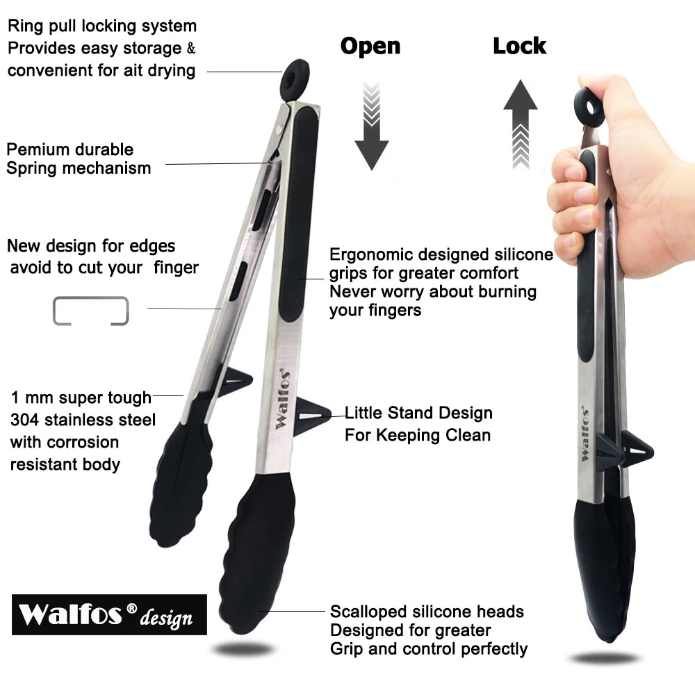 WALFOS  22 CM And 30CM Food Grade 100% Silicone Food Tong Kitchen Tongs Utensil Cooking Tong Clip Clamp Salad Serving BBQ Tools - Walfos® Kitchenware