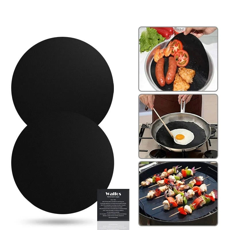WALFOS 2pcs Reuseable Non-stick Mat Pan Fry Liner Sheet Cooking Wok Sheet Pad Kitchen BBQ Baking Mats Cooking Tool Round - Walfos® Kitchenware