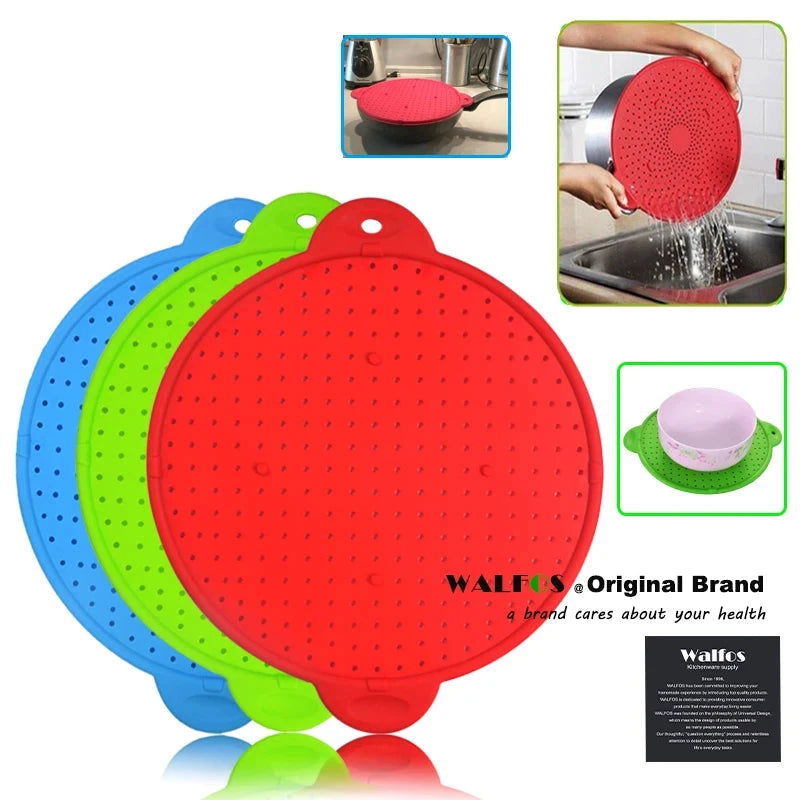WALFOS 3 in 1 Splatter Screen Splatter Guard Kitchen Strainer Trivet Pot Lid Pan Cover Silicone Lid Spill Stopper Wash Strainer - Walfos® Kitchenware
