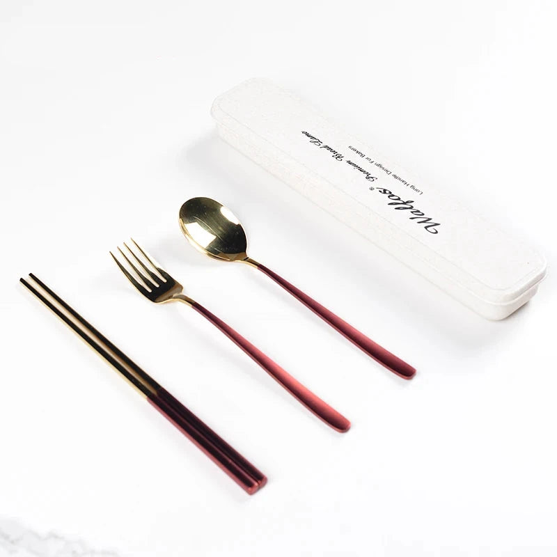 WALFOS 3pcs Set Portable Cutlery Set Tableware Set Camping Dinnerware Set Stainless Steel Knife Fork Spoon Kit Flatware With Box - Walfos® Kitchenware