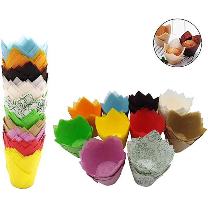 WALFOS 50Pcs/Pack Paper Cupcake Liner Mold Tulip Flower Chocolate Cupcake Wrapper Baking Muffin Liner Holder Wedding Party - Walfos® Kitchenware