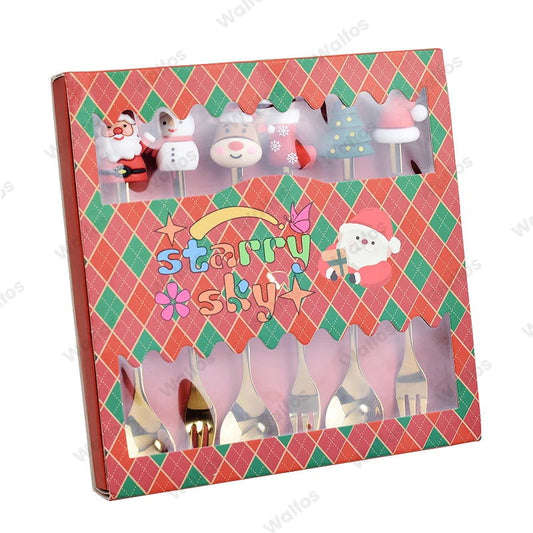 WALFOS 6PCS Christmas Gift Glod Spoon Fork Set Elk Christmas Tree Decoration Dessert Scoop Fruit Fork Coffee Spoon Cutlery Set - Walfos® Kitchenware