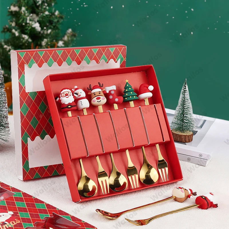 WALFOS 6PCS Christmas Gift Glod Spoon Fork Set Elk Christmas Tree Decoration Dessert Scoop Fruit Fork Coffee Spoon Cutlery Set - Walfos® Kitchenware