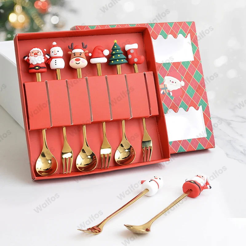 WALFOS 6PCS Christmas Gift Glod Spoon Fork Set Elk Christmas Tree Decoration Dessert Scoop Fruit Fork Coffee Spoon Cutlery Set - Walfos® Kitchenware